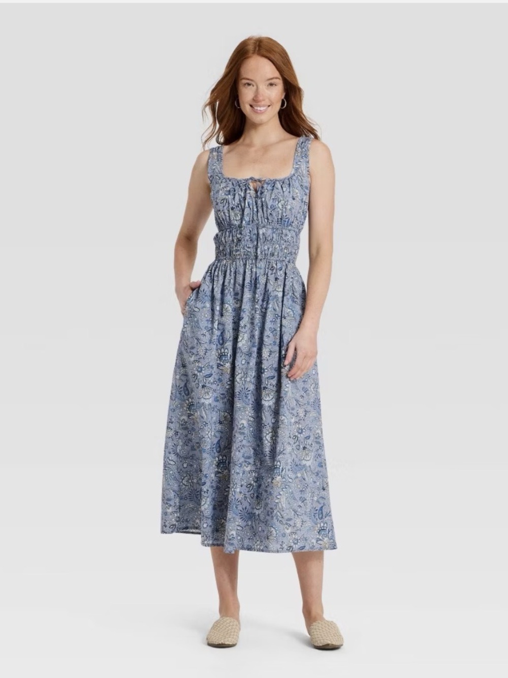 Universal Thread Women's Cotton Midi Pullover Sundress Blue Floral Paisley M NWT
